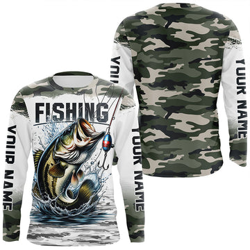 Maxcorners Bass Fishing Camo Custom Long Sleeve Fishing Shirts, Personalized Bass Fishing Jerseys LM0201