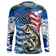 Maxcorners Custom American Flag Bass Long Sleeve Fishing Shirts, Patriotic Blue Camo Bass Fishing Jerseys LM2408