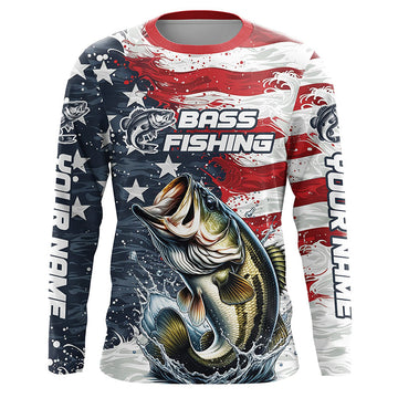 Maxcorners Personalized American Flag Bass Long Sleeve Fishing Shirts, Patriotic Bass Fishing Jerseys LM0201