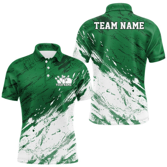 Maxcorners Custom White And Green Splatter Men Polo Bowling League Shirt