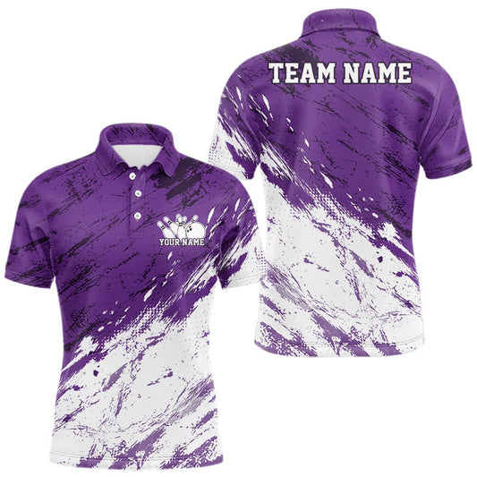 Maxcorners Custom White And Purple Splatter Men Polo Bowling League Shirt