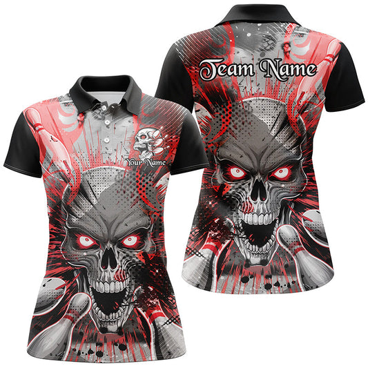 Maxcorners Custom Polo Shirt Skull Bowling Shirts For Men, Halloween Bowling Shirt With Name | Red