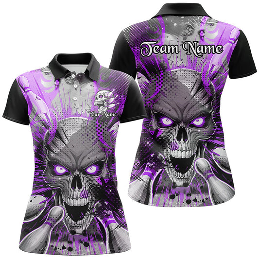 Maxcorners Custom Polo Shirt Skull Bowling Shirts For Men, Halloween Bowling Shirt With Name | Purple