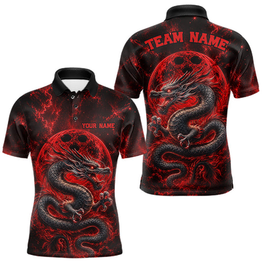 Maxcorners Custom Ancient Red Dragon And Glowing Bowling Ball Moon Men Polo Team Shirt