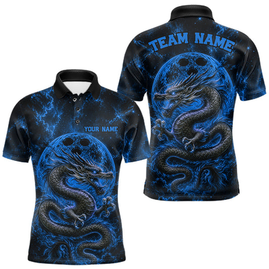 Maxcorners Custom Ancient Blue Dragon And Glowing Bowling Ball Moon Men Polo Team Shirt