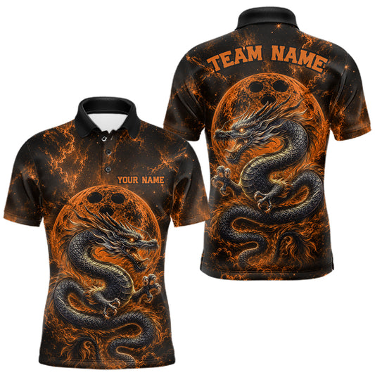 Maxcorners Custom Ancient Orange Dragon And Glowing Bowling Ball Moon Men Polo Team Shirt