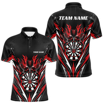 Maxcorners Custom Black And Red Flame Bullseye Darts Men Polo Shirt, Darts Team Jerseys LM0208