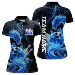 Maxcorners Custom Black And Blue Thunder Lightning Dragon Bowling Polo Shirts For Women, Team Uniform