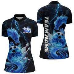 Maxcorners Custom Black And Blue Thunder Lightning Dragon Bowling Polo Shirts For Women, Team Uniform