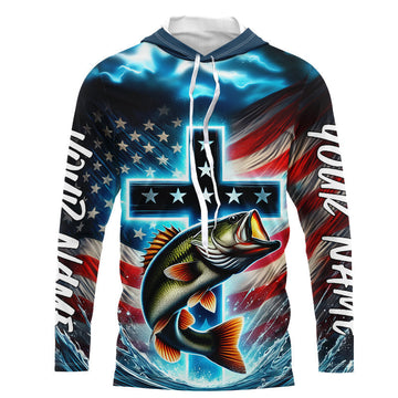 Maxcorners Custom Faith Largemouth Bass Patriotic Long Sleeve Hooded Tournament Fishing Shirt LM0201