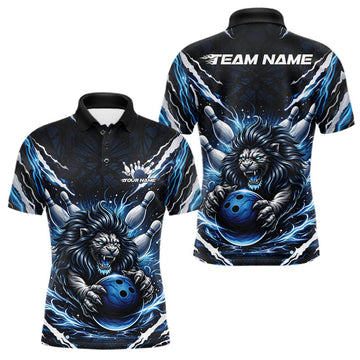 Maxcorners Custom Black And Blue Lion Bowling Jerseys, Lion Bowling Tournament Men Polo Shirt