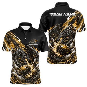 Maxcorners Custom Yellow Flame Dragon Bowling Men Polo Team Shirts, Bowling Tournament Shirt