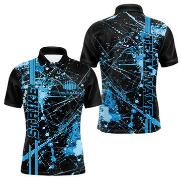 Maxcorners Custom Black And Blue Splatter Camo Strike Bowling League Shirts, Men Bowling Jerseys LM0602