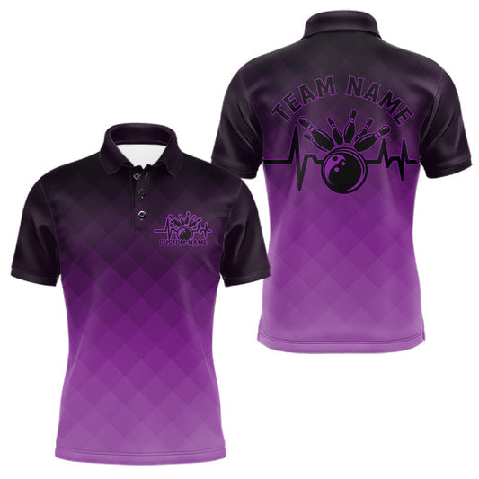 Maxcorners Bowling Heartbeat Pulse Line Purple Argyle Custom Bowling Team Polo Shirts For Men LM0602