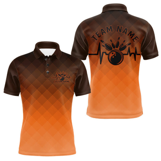 Maxcorners Bowling Heartbeat Pulse Line Orange Argyle Custom Bowling Team Polo Shirts For Men LM0602