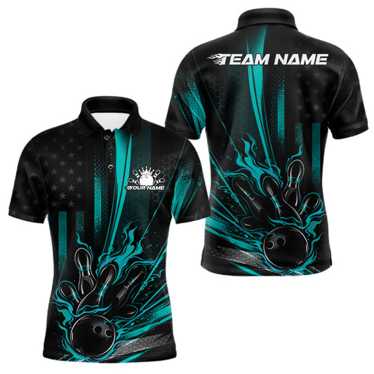 Maxcorners Custom Turquoise Blue US Flag Patriotic Men Bowling Shirt, American Flame Bowling Jersey LM1104
