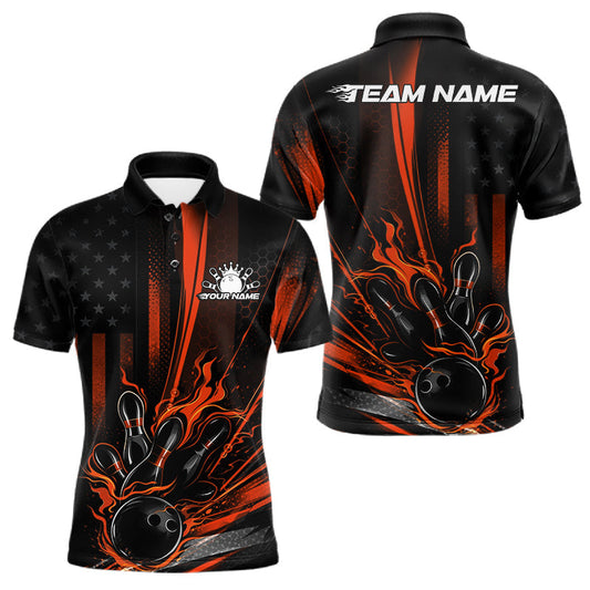 Maxcorners Custom Orange US Flag Patriotic Men Bowling Shirt, American Flame Bowling Jersey LM1104
