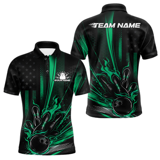 Maxcorners Custom Green US Flag Patriotic Men Bowling Shirt, American Flame Bowling Jersey LM1104