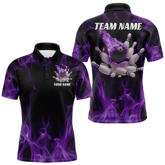 Maxcorners Purple Fire Bowling Ball And Pins Custom Shirts For Men, Flame Bowling Team Jersey LM1104