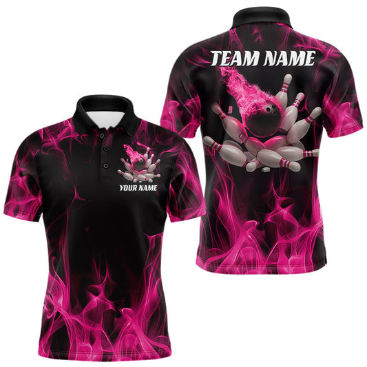 Maxcorners Pink Fire Bowling Ball And Pins Custom Shirts For Men, Flame Bowling Team Jersey LM1104