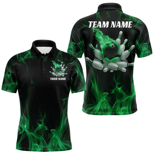 Maxcorners Green Fire Bowling Ball And Pins Custom Shirts For Men, Flame Bowling Team Jersey LM1104