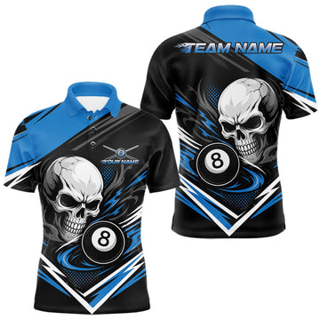Maxcorners Custom Black And Blue 8 Ball Skull Billiards Men Polo Shirt, Pool Team Shirt