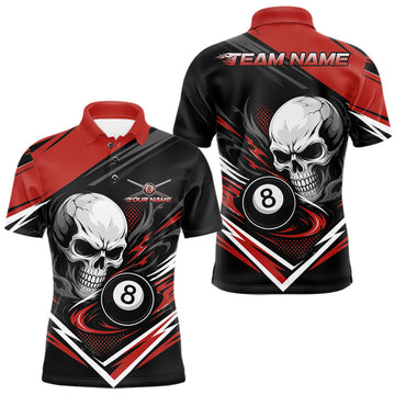 Maxcorners Custom Black And Red 8 Ball Skull Billiards Men Polo Shirt, Pool Team Shirt