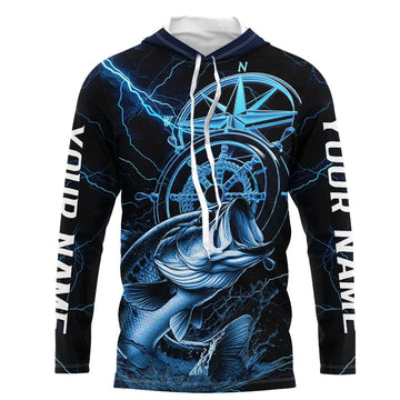 Maxcorners Blue Thunder Lightning Custom Largemouth Bass Compass Long Sleeve Hooded Tournament Fishing Shirts LM0201
