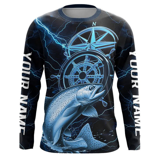 Maxcorners Blue Thunder Lightning Custom Chinook King Salmon Compass Long Sleeve Tournament Fishing Shirts LM0201