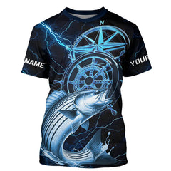 Maxcorners Blue Thunder Lightning Custom Striped Bass Compass Tournament Fishing T Shirts MT2108