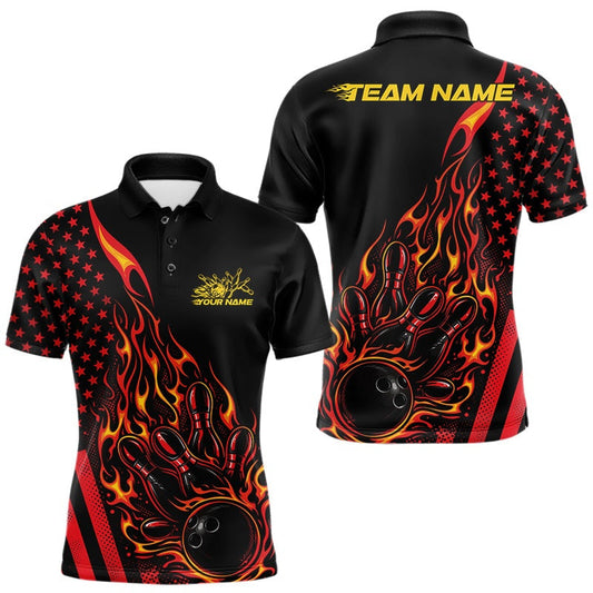 Maxcorners Custom Red Orange Patriotic Flame Bowling Men Polo Shirt, US Flag Bowler Jersey LM0404