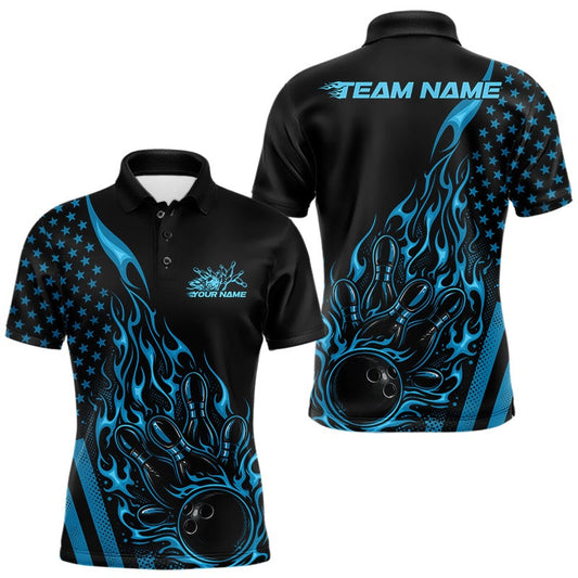 Maxcorners Custom Blue Patriotic Flame Bowling Men Polo Shirt, US Flag Bowler Jersey LM0404
