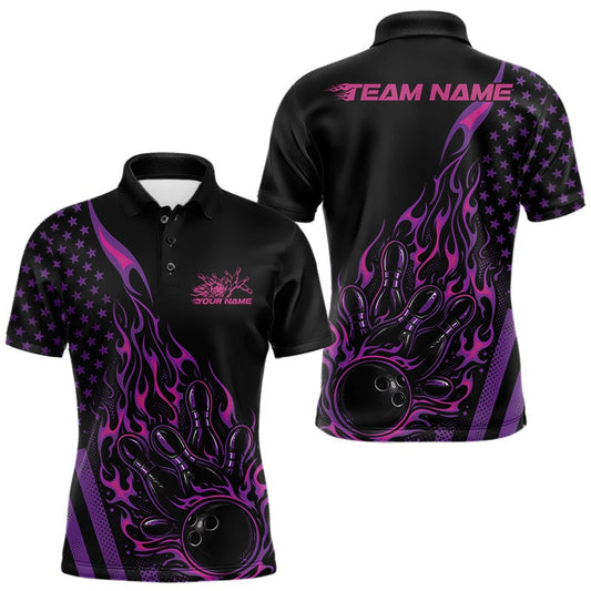 Maxcorners Custom Pink Purple Patriotic Flame Bowling Men Polo Shirt, US Flag Bowler Jersey LM0404
