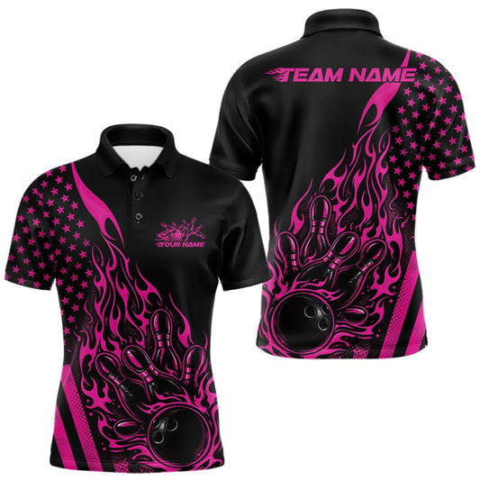 Maxcorners Custom Pink Patriotic Flame Bowling Men Polo Shirt, US Flag Bowler Jersey LM0404