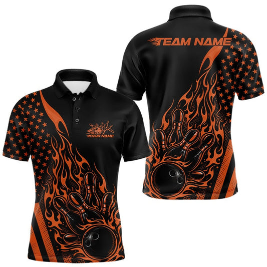 Maxcorners Custom Orange Patriotic Flame Bowling Men Polo Shirt, US Flag Bowler Jersey LM0404
