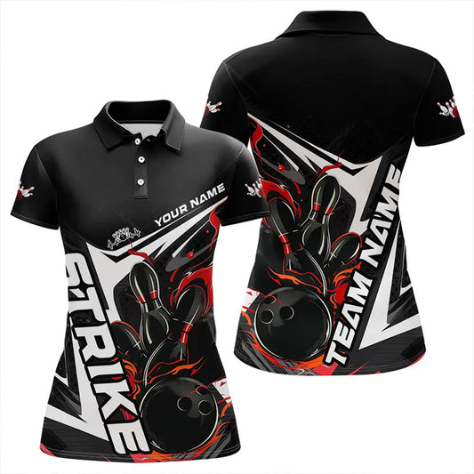 Maxcorners Custom Black And Red Flame Strike Bowling Polo Shirts For Men And Women Strike Bowling Jerseys