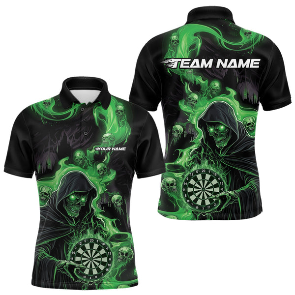 Maxcorners Custom Green Fire Flame Grim Reaper Dart Men Polo Shirts, Dart Team Halloween Outfits MT0410