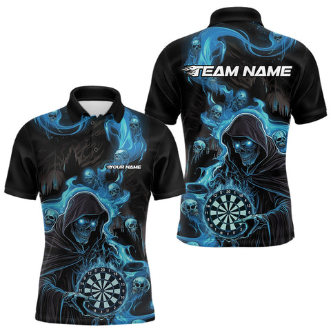 Maxcorners Custom Blue Fire Flame Grim Reaper Dart Men Polo Shirts, Dart Team Halloween Outfits MT0410