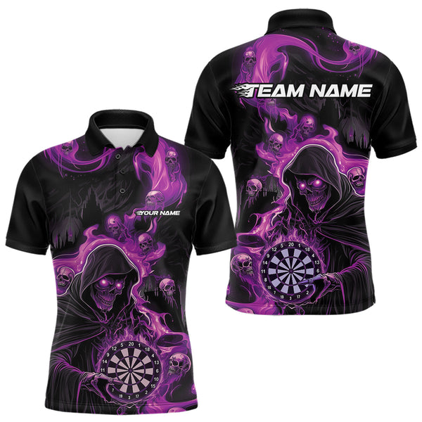 Maxcorners Custom Purple Pink Fire Flame Grim Reaper Dart Men Polo Shirts, Dart Team Halloween Outfits TU0710