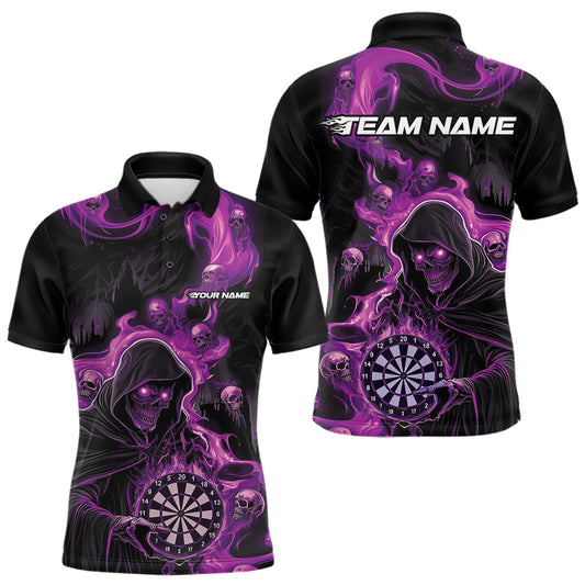 Maxcorners Custom Purple Pink Fire Flame Grim Reaper Dart Men Polo Shirts, Dart Team Halloween MT0410