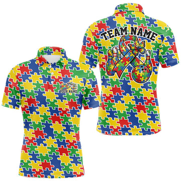 Maxcorners Custom Colorful Autism Awareness Butterfly Ribbon Bowling Men Shirt, Puzzles Jersey