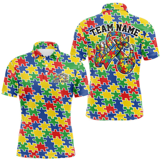 Maxcorners Custom Colorful Autism Awareness Butterfly Ribbon Bowling Men Shirt, Puzzles Jersey