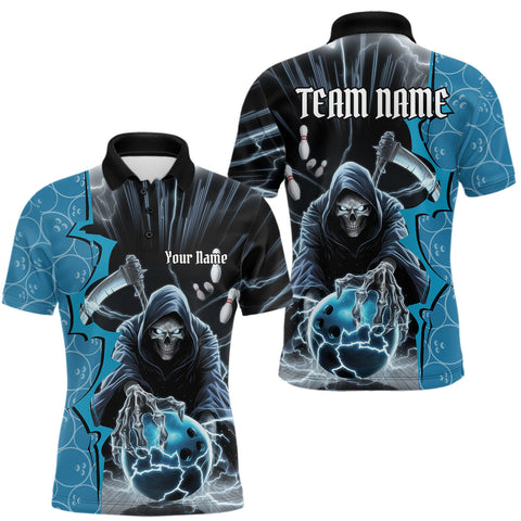 Maxcorners Custom Blue Thunder Lightning Grim Reaper Bowling Men Polo Shirt, Halloween Bowler Outfit LM1809