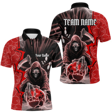 Maxcorners Custom Red Thunder Lightning Grim Reaper Bowling Men Polo Shirt, Halloween Bowler Outfit LM1809