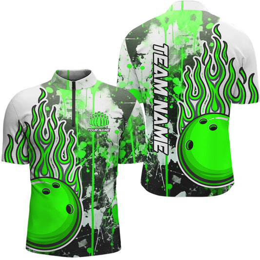 MaxCorners Bowling And Pins Paint Flame Mutilcolor Customized Name, Team Name 3D Stand Collar Zipper Polo Shirt For Men