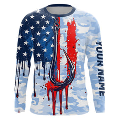 Maxcorners Blue Camo Dripping American Flag Us Fish Hook Custom Long Sleeve Patriotic Fishing Shirts MT2108
