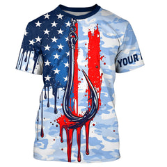 Maxcorners Blue Camo Dripping American Flag Us Fish Hook Custom Long Sleeve Patriotic Fishing Shirts MT2108
