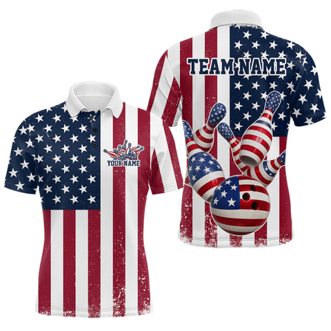 Maxcorners Custom US Flag Bowling Polo Shirts For Men, Patriotic Bowling League Shirt Bowling Jersey TU1908