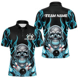 Maxcorners Custom Blue Fire Flame Skull Halloween Bowling Polo Shirts For Men, Halloween Bowling Team Outfit LM2509