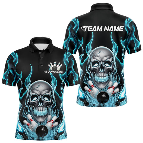 Maxcorners Custom Blue Fire Flame Skull Halloween Bowling Polo Shirts For Men, Halloween Bowling Team Outfit LM2509